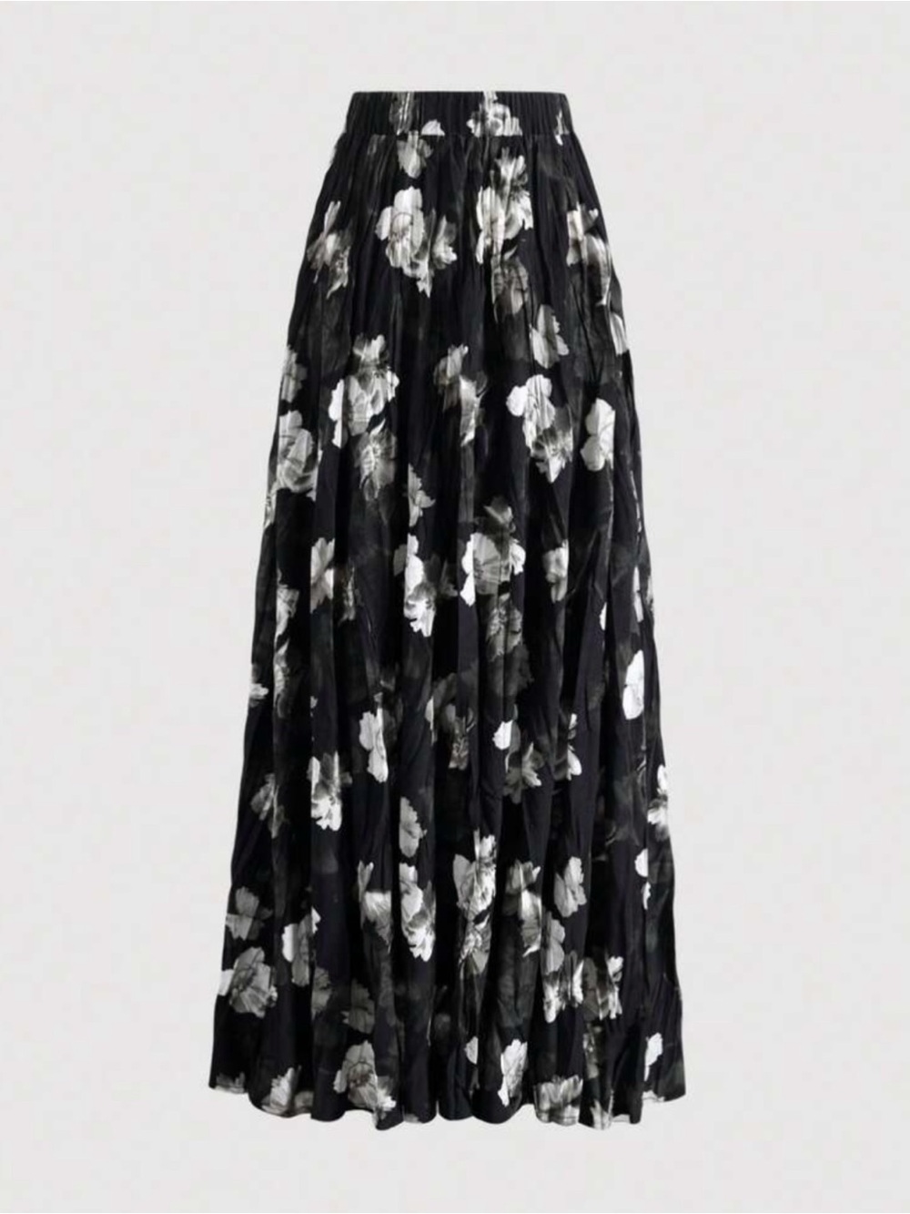 Boho floral black + ivory pleated flowy maxi skirt, NWOT